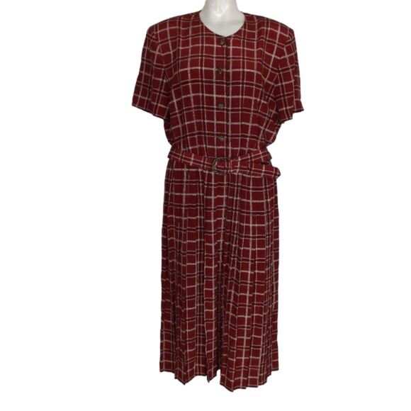 LESLIE FAY Midi Dress, XL, Dark Red Plaid, Short sleeve, Matching Belt, SS - Picture 12 of 12